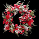 Red Holiday Wreath with Snow Accents(45CM) adorned with red ornaments and festive decorations.